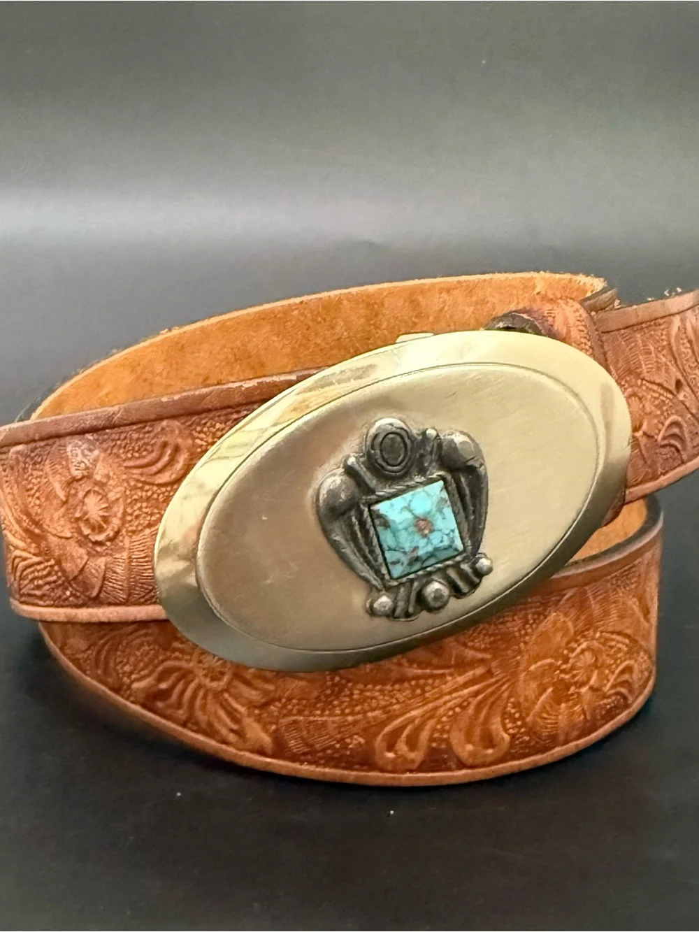 STEERHIDE Grain Bridle Brown Tooled Leather Silver Faux Turquoise Buckle Belt 36